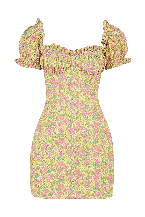 vintage minikleid mit blumenmuster und puffärmeln