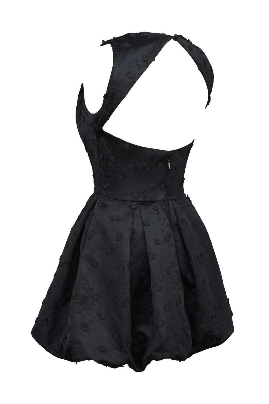 schwarzes rückenfreies besticktes mini-puffballkleid