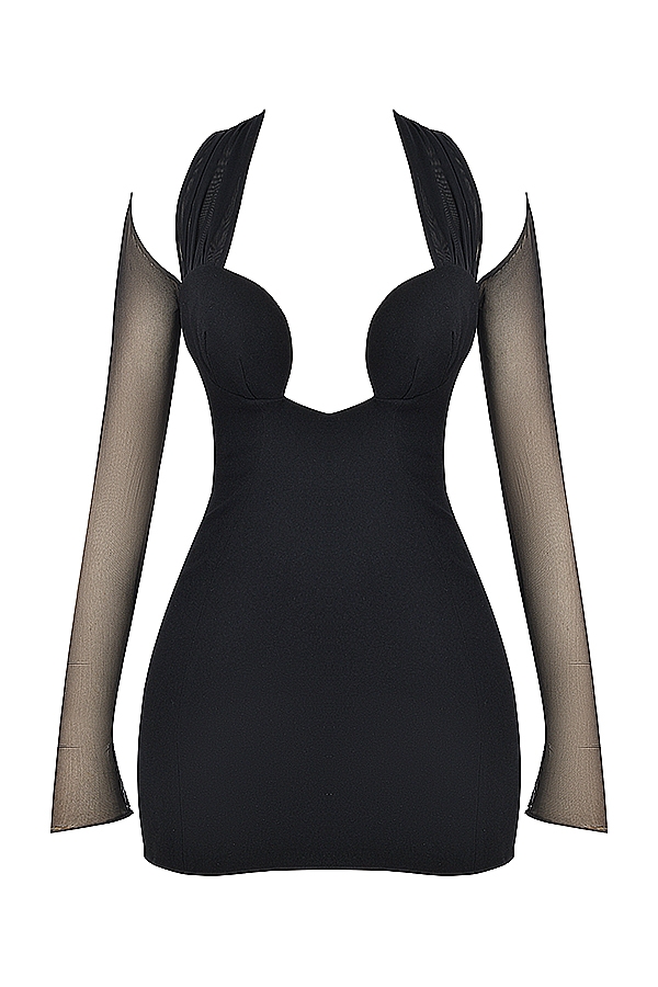 schwarzes minikleid mit tiefem ausschnitt