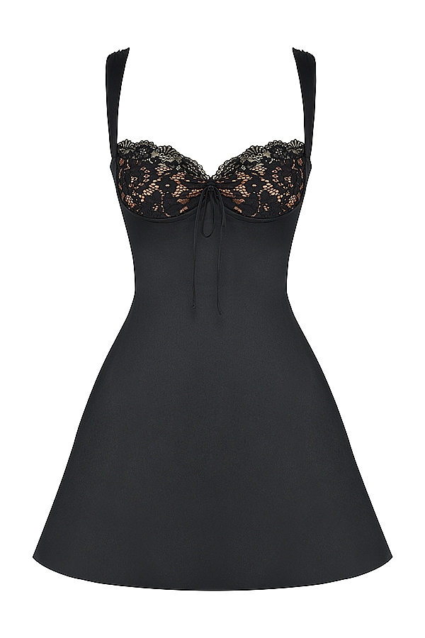 schwarzes minikleid aus satin und spitze