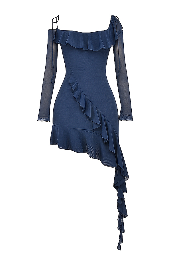 französisches marineblaues rüschen-minikleid