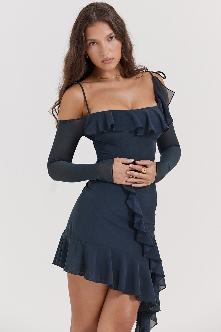 französisches marineblaues rüschen-minikleid