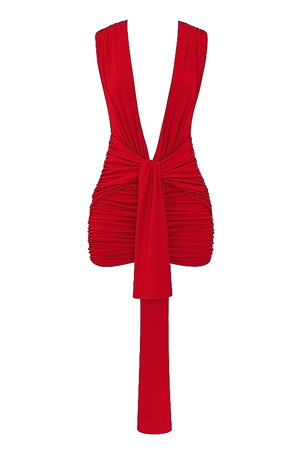 kirschrotes minikleid mit raffungen