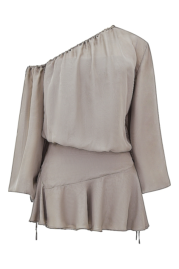 aschgrünes schulterfreies kleid