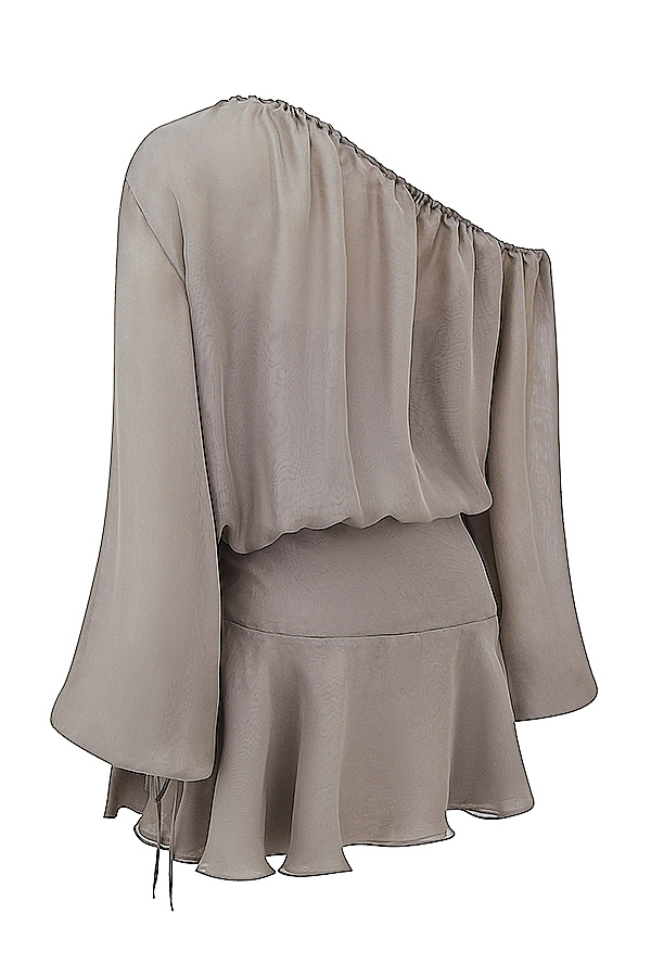 aschgrünes schulterfreies kleid