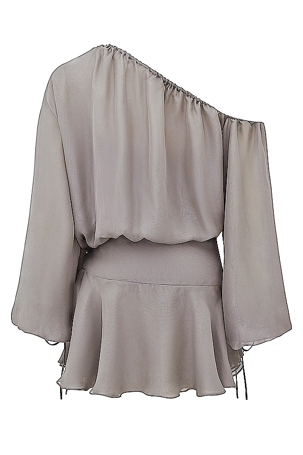 aschgrünes schulterfreies kleid