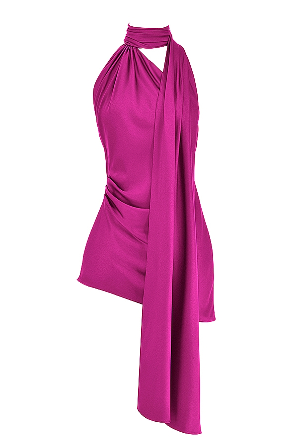 pinkes kleid mit asymmetrischem wickelausschnitt