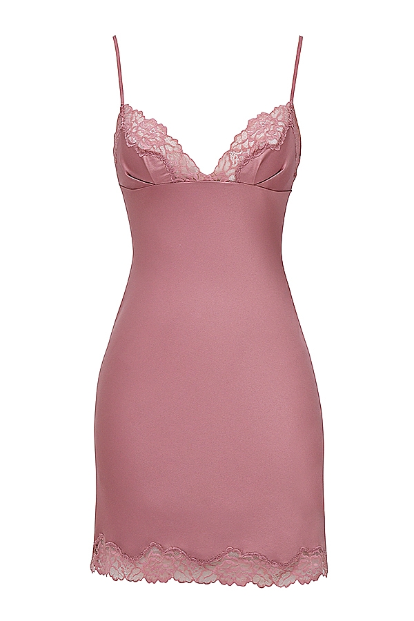rosafarbenes satin- und spitzenkleid