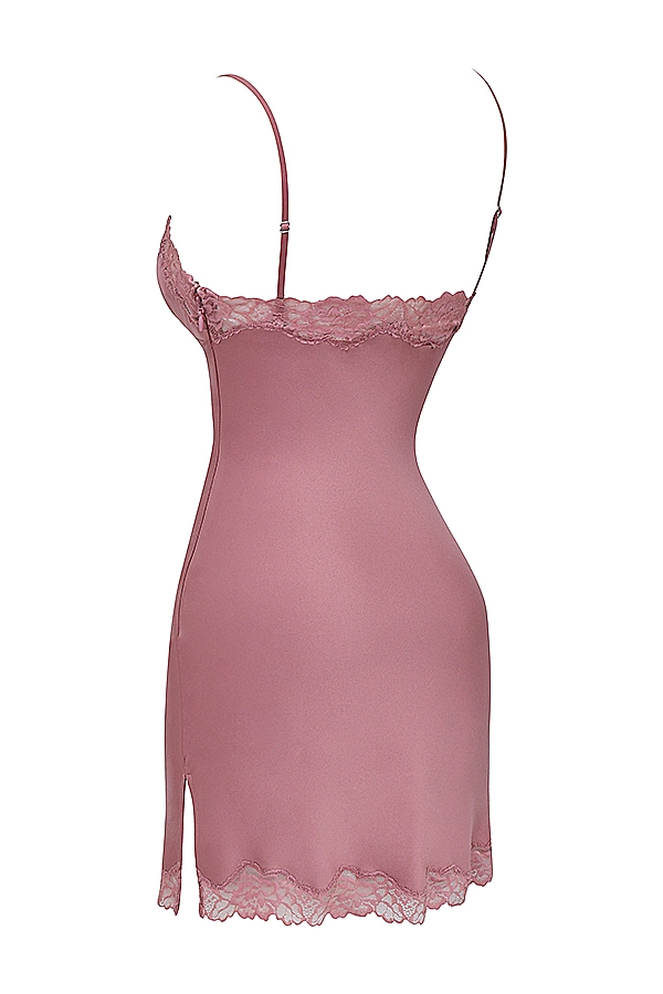 rosafarbenes satin- und spitzenkleid