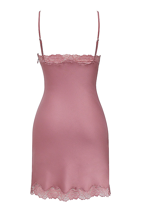 rosafarbenes satin- und spitzenkleid