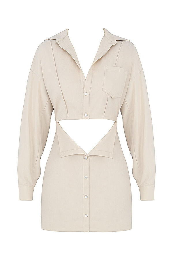 beigefarbenes leinenhemdkleid mit cut-outs