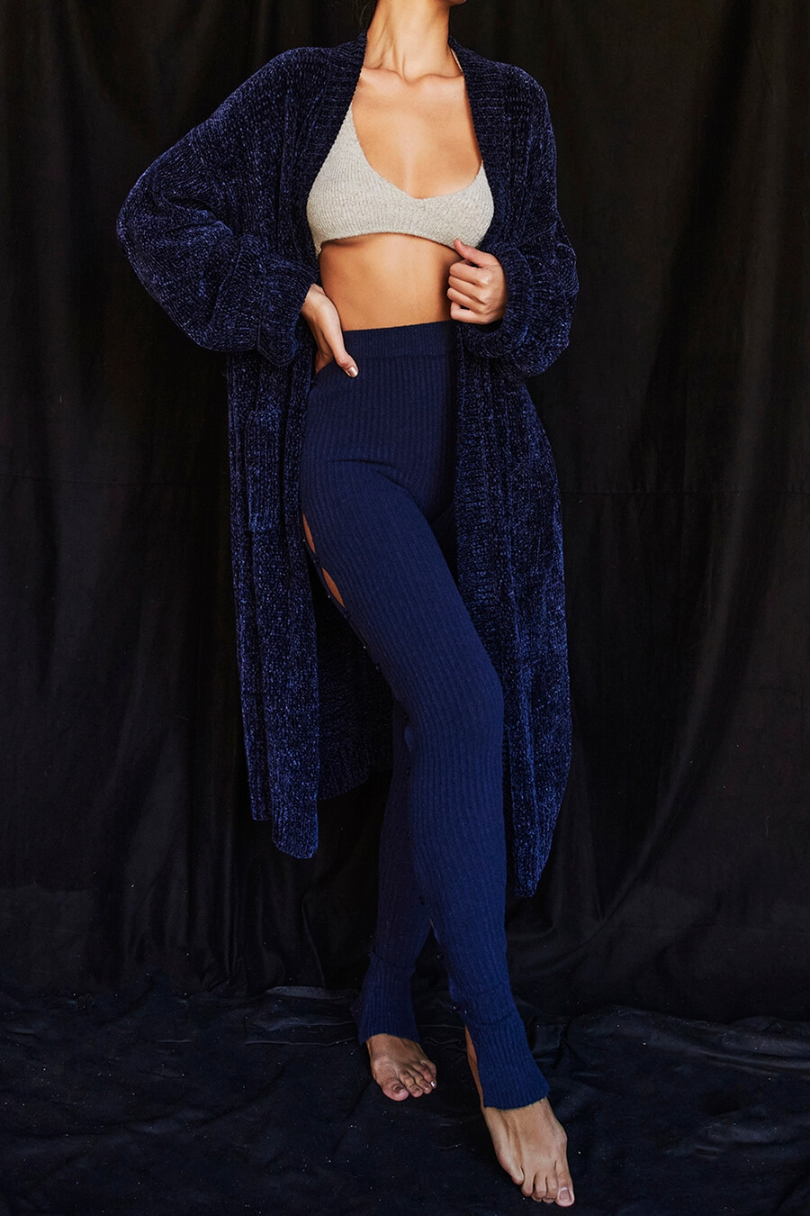 lässiger cardigan aus marineblauem chenille