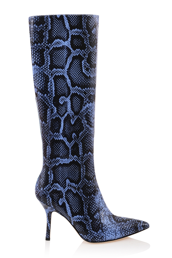 kniehohe stiefel aus blauem leder mit print
