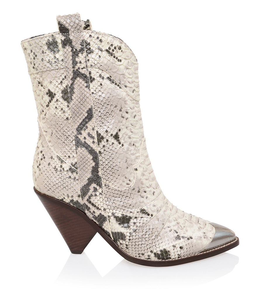 weißer und grauer leder-cowboystiefel mit niedrigem schaft