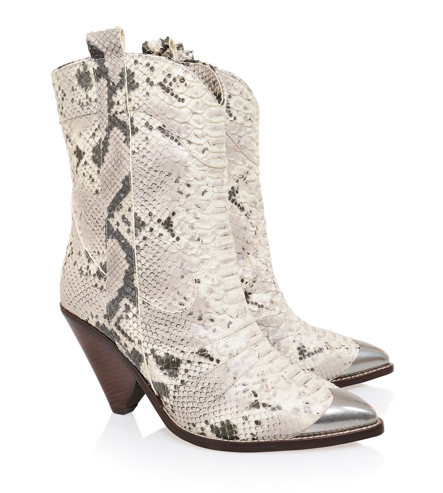 weißer und grauer leder-cowboystiefel mit niedrigem schaft