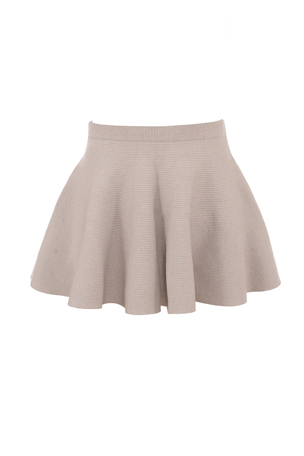minirock aus wolle und kaschmir mit rippstrick und volant in beige