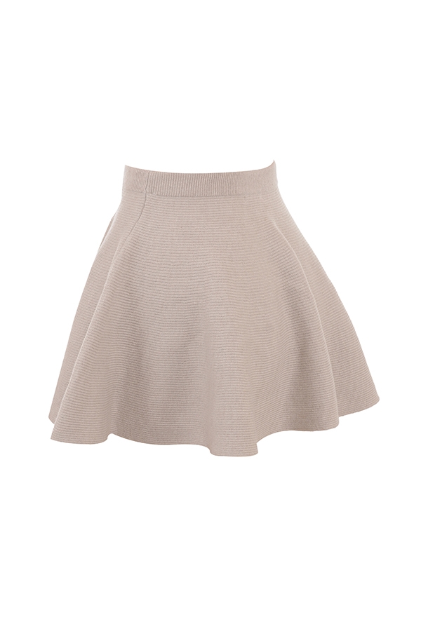 minirock aus wolle und kaschmir mit rippstrick und volant in beige