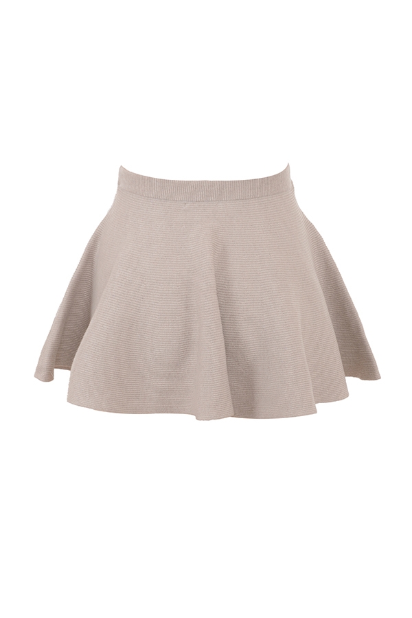 minirock aus wolle und kaschmir mit rippstrick und volant in beige