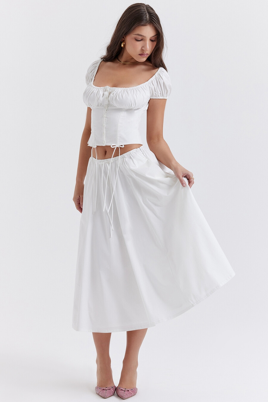 weißer geraffter midirock