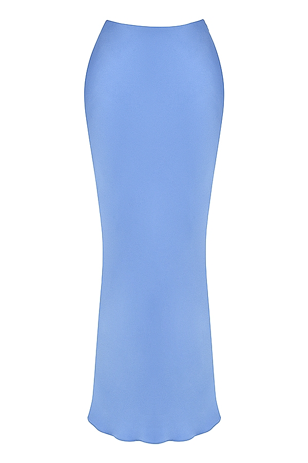 blauer satin-midirock mit schrägem schnitt