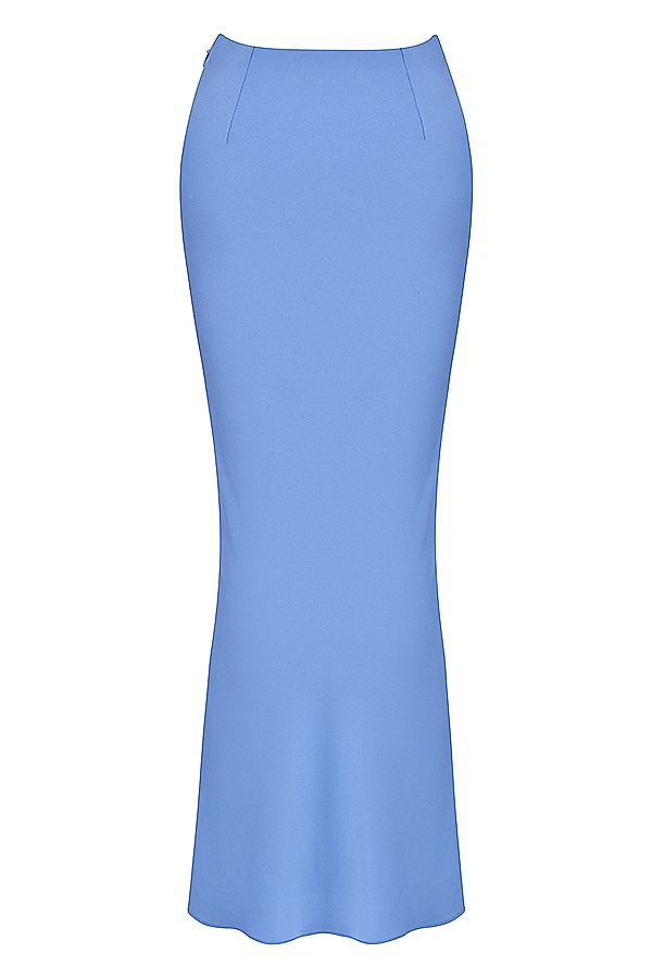 blauer satin-midirock mit schrägem schnitt