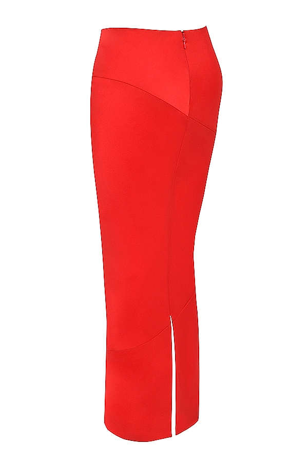scharlachroter satin-midirock mit niedrigem bund