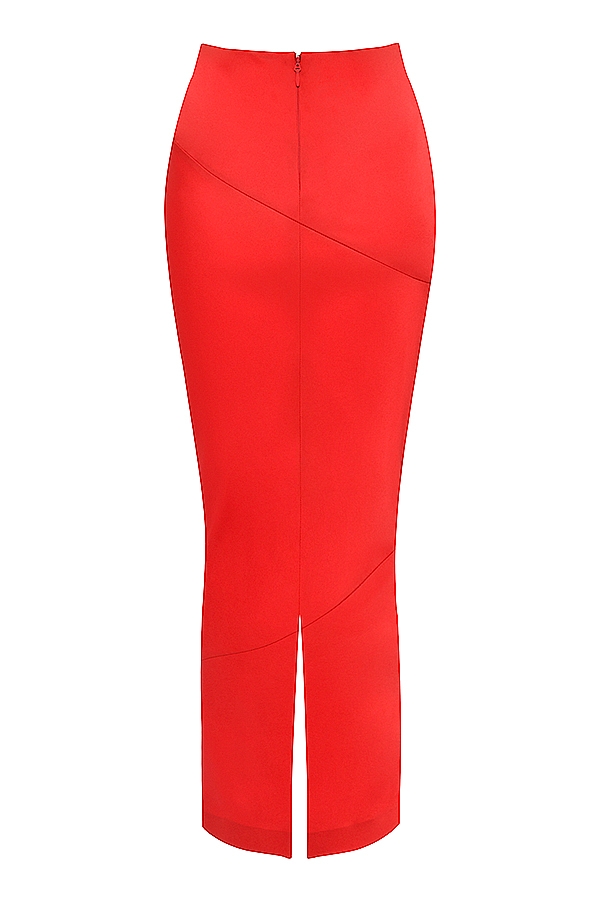 scharlachroter satin-midirock mit niedrigem bund