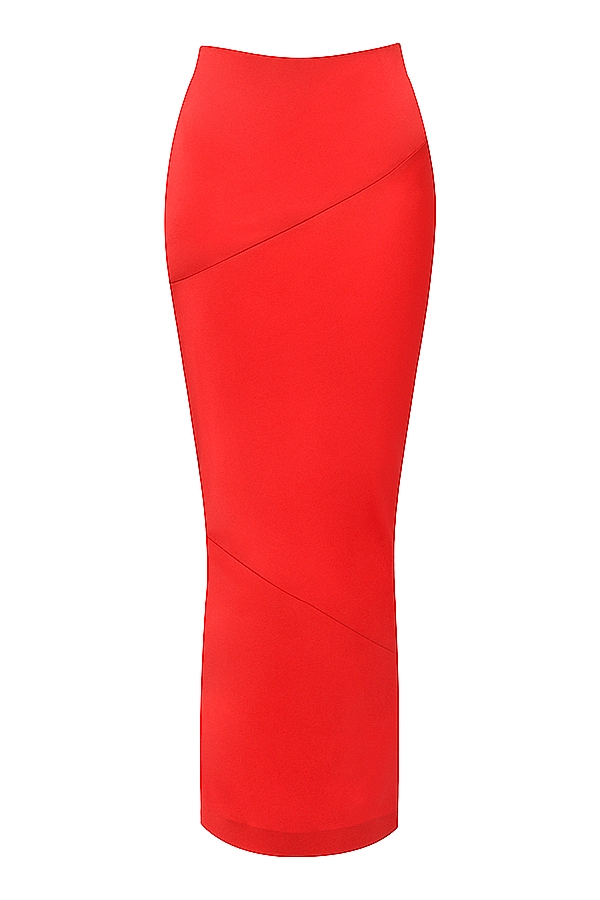 scharlachroter satin-midirock mit niedrigem bund
