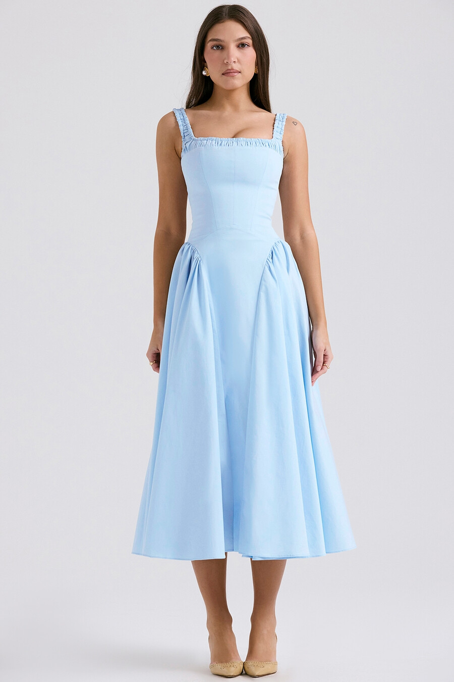 italienisches azurblaues midi-sommerkleid aus baumwolle