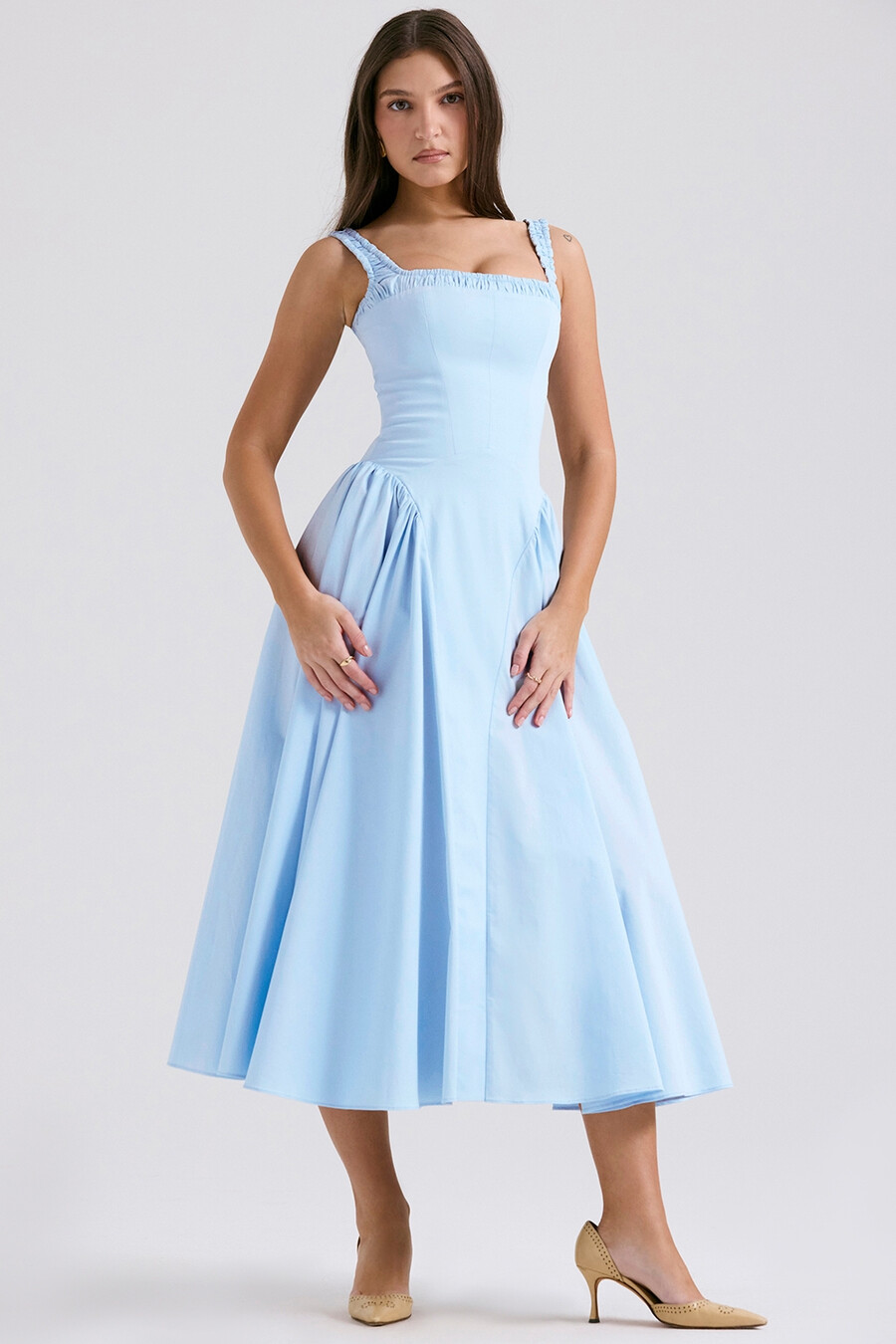 italienisches azurblaues midi-sommerkleid aus baumwolle