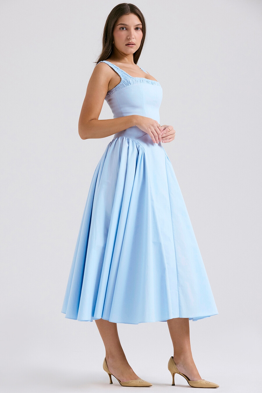 italienisches azurblaues midi-sommerkleid aus baumwolle