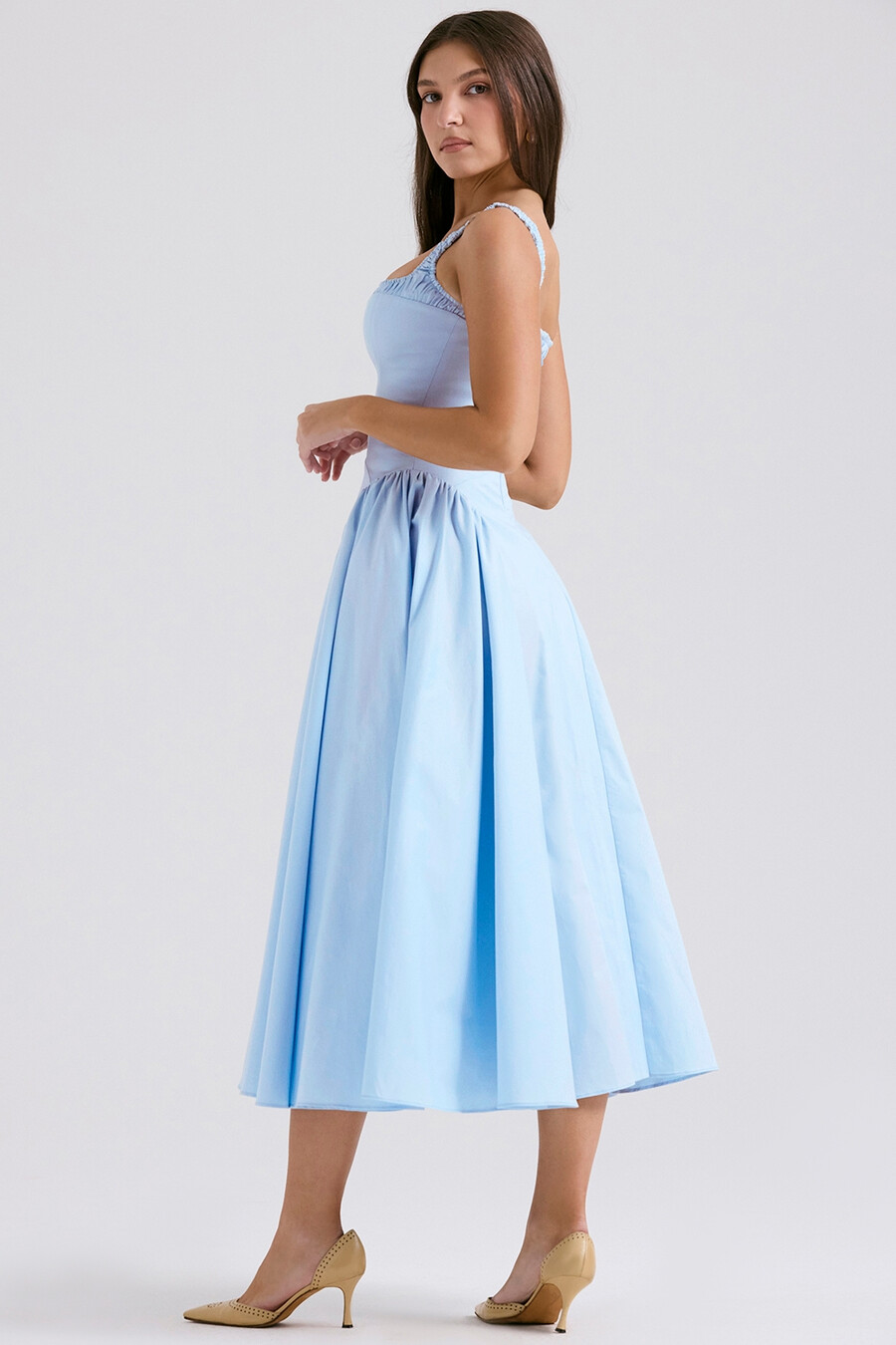 italienisches azurblaues midi-sommerkleid aus baumwolle