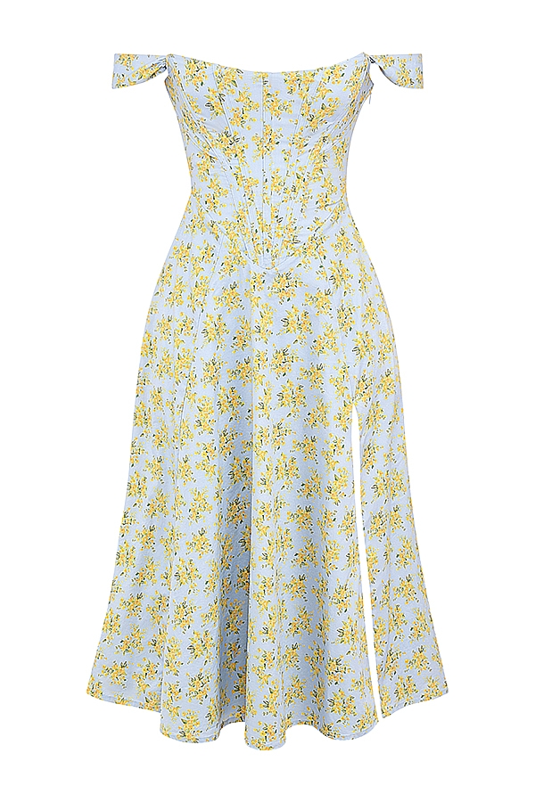 hellblaues midi-sommerkleid aus baumwolle mit vintage-blumenmuster