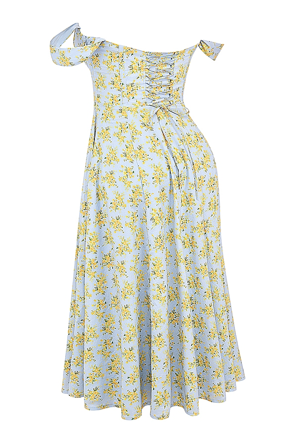 hellblaues midi-sommerkleid aus baumwolle mit vintage-blumenmuster