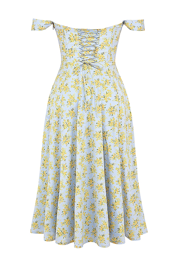 hellblaues midi-sommerkleid aus baumwolle mit vintage-blumenmuster
