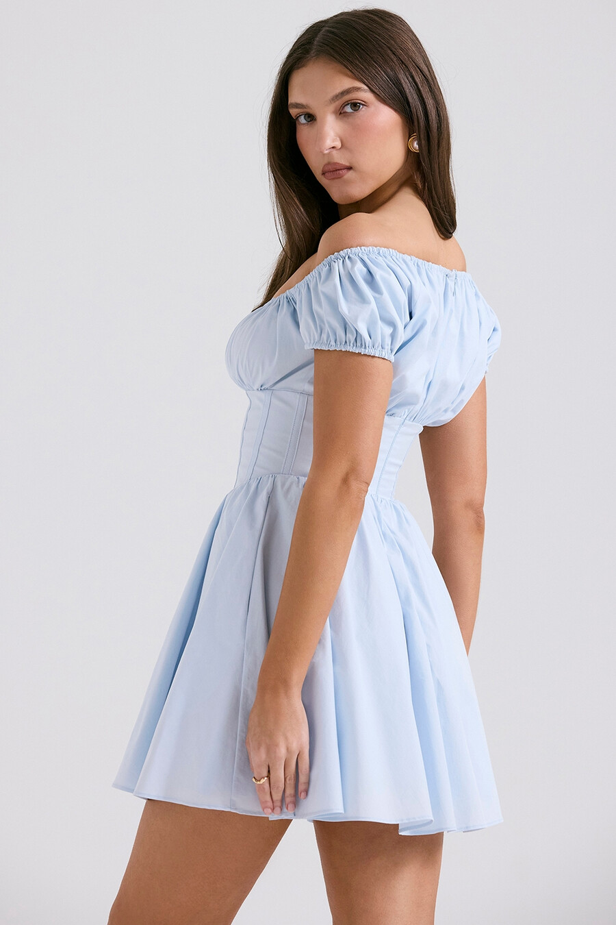 hellblaues gerafftes minikleid aus baumwolle