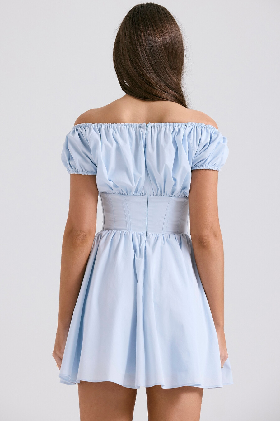 hellblaues gerafftes minikleid aus baumwolle