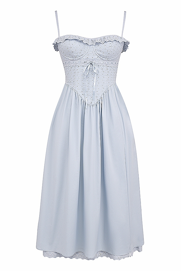 weiches blaues broderie anglais midi-sommerkleid aus baumwolle