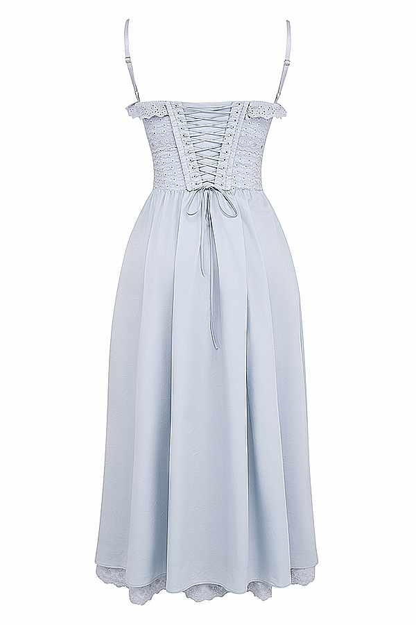 weiches blaues broderie anglais midi-sommerkleid aus baumwolle