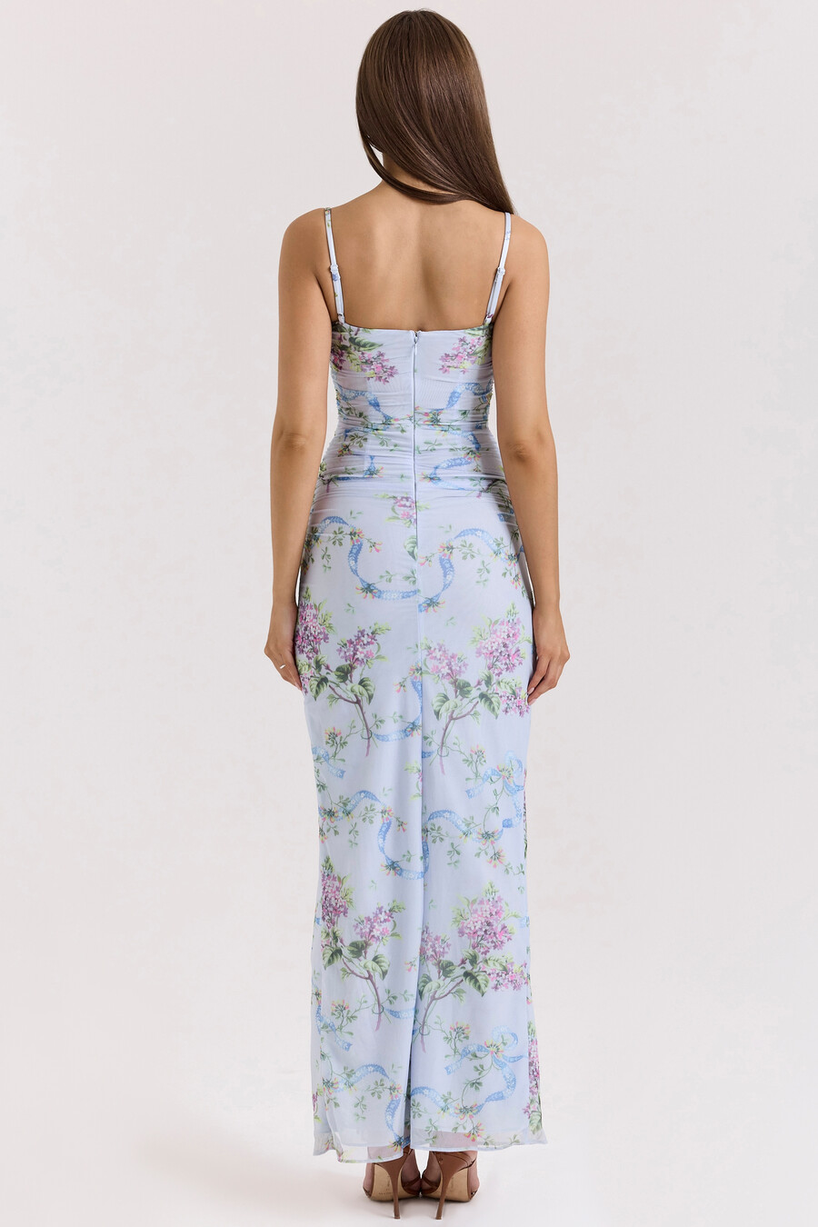 blaues maxikleid aus mesh mit blumenmuster