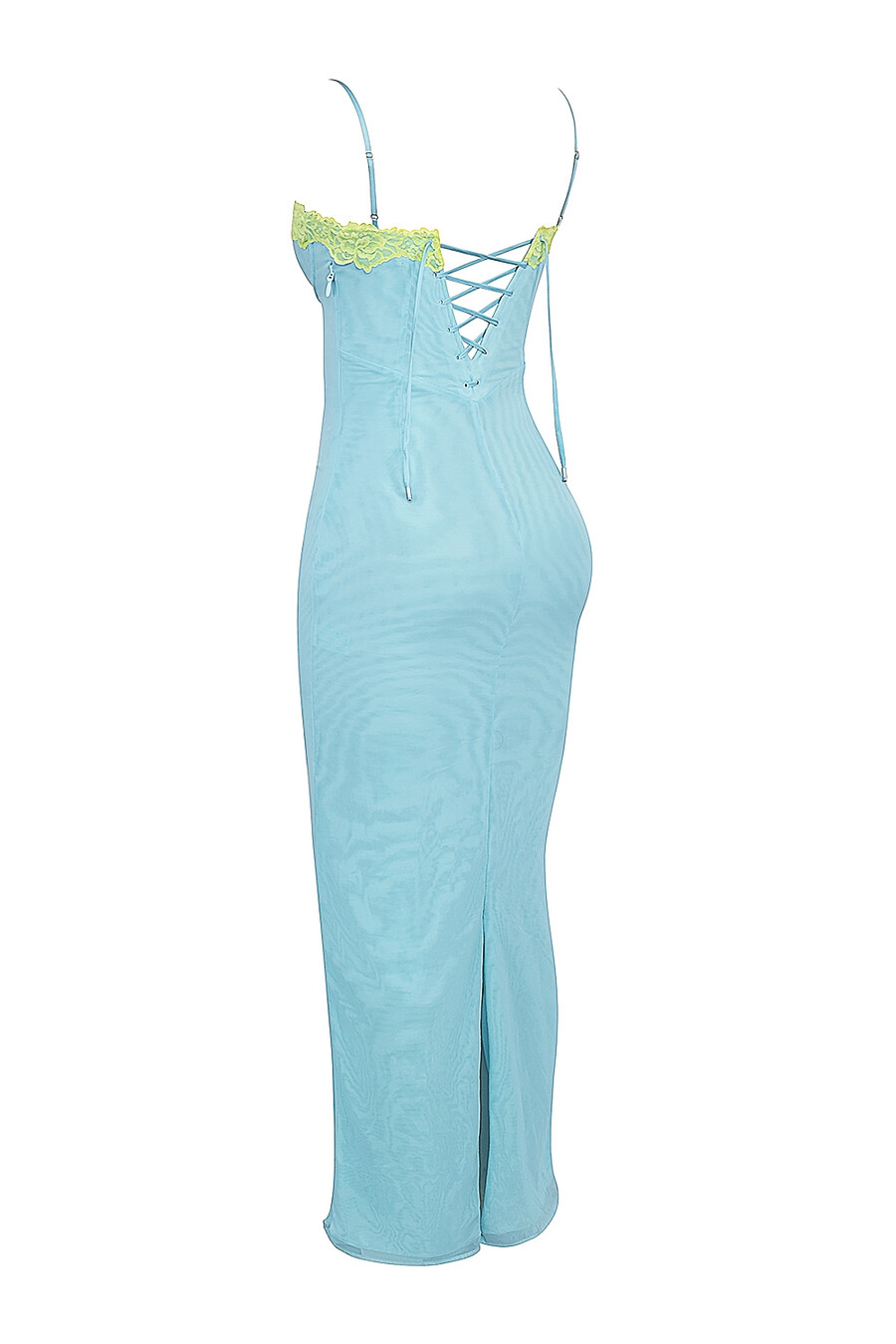 ozeanblaues maxikleid aus kontrastierender spitze