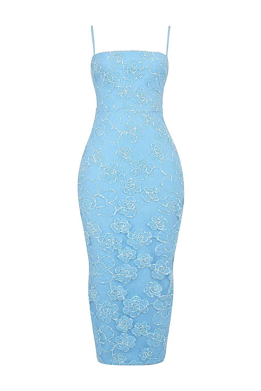 maxikleid in toskanischem blau mit blumenstickerei