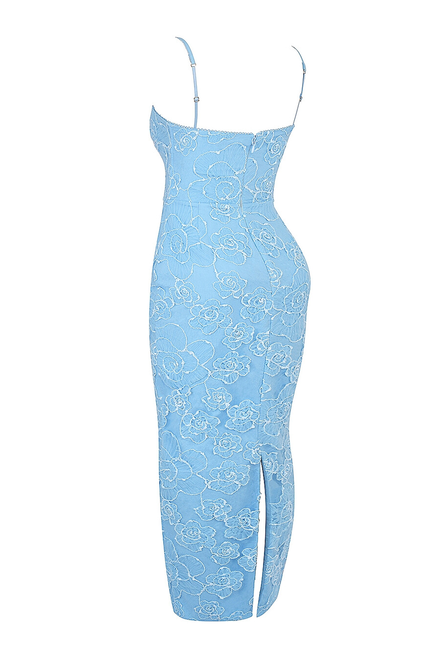 maxikleid in toskanischem blau mit blumenstickerei