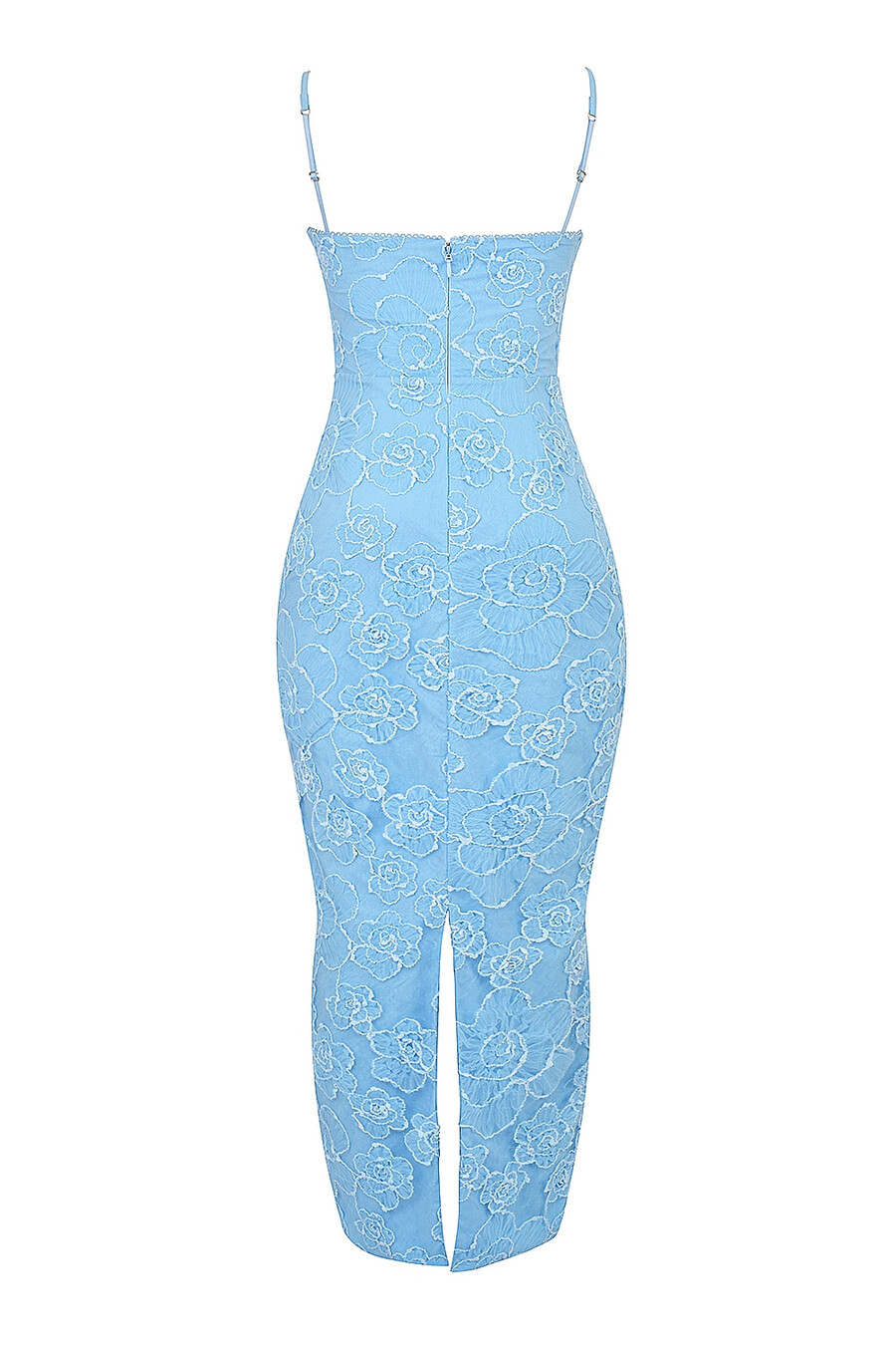 maxikleid in toskanischem blau mit blumenstickerei