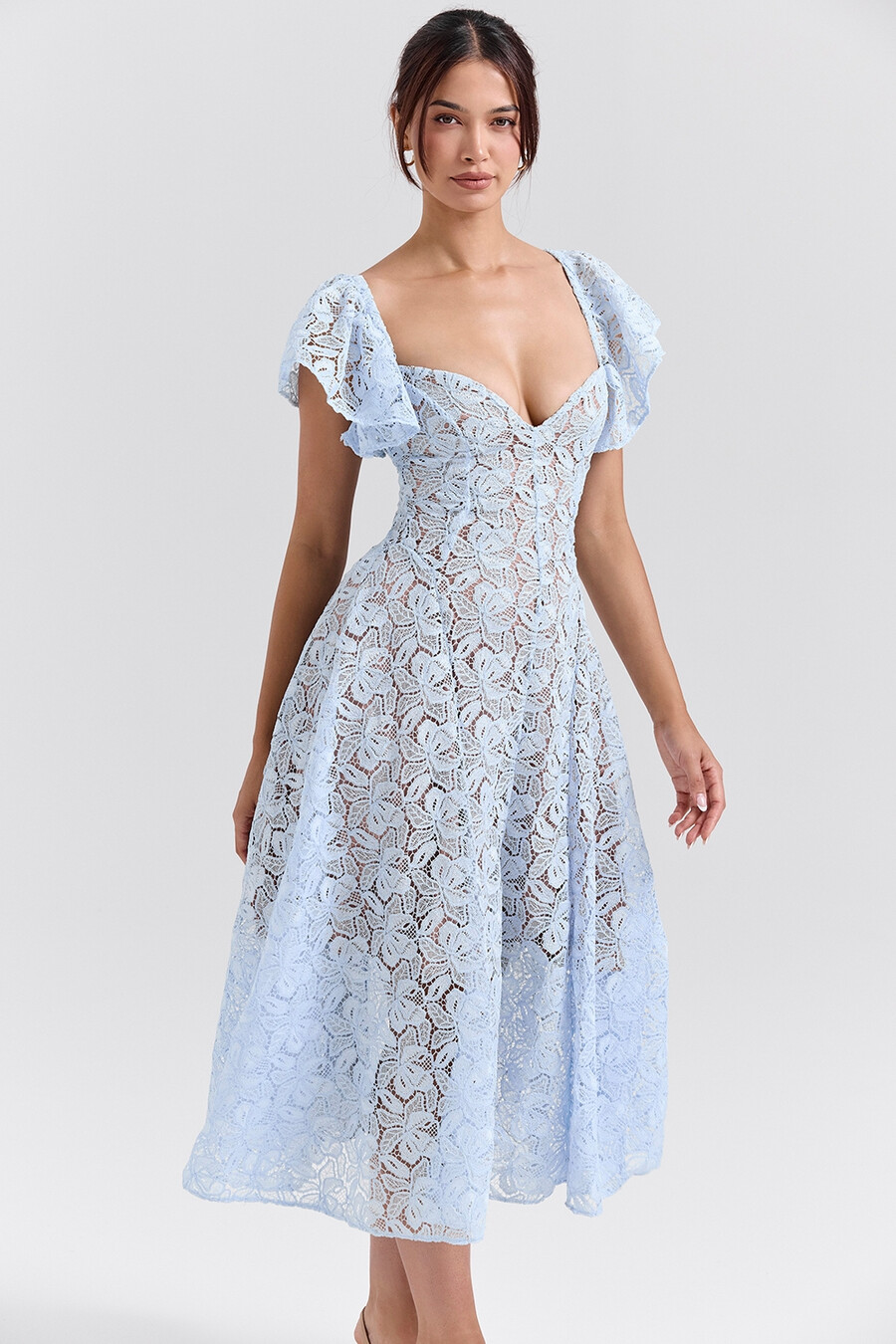 midikleid aus blauglöckchenfarbener spitze