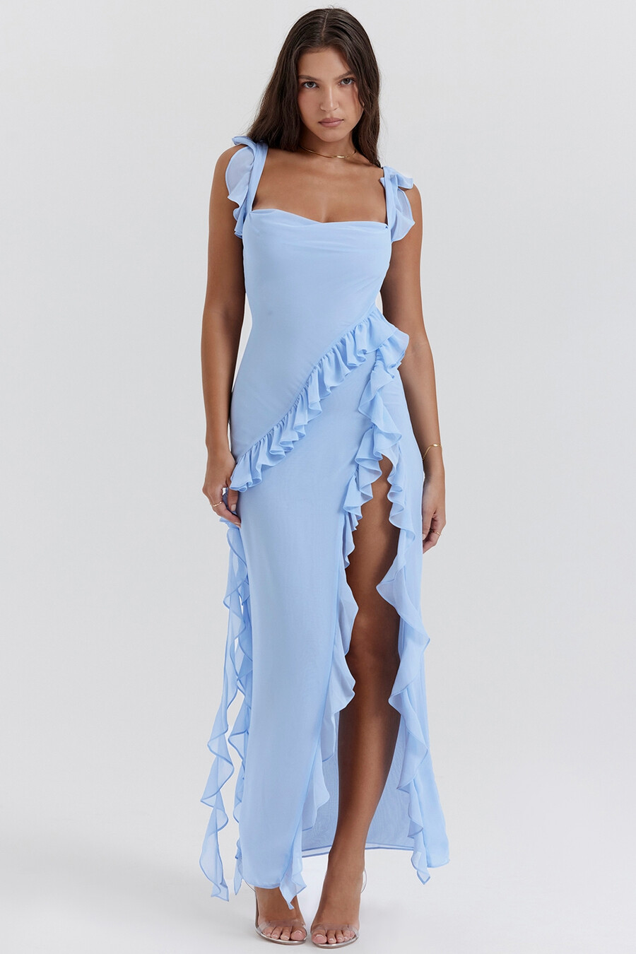 hellblaues rüschen-maxikleid