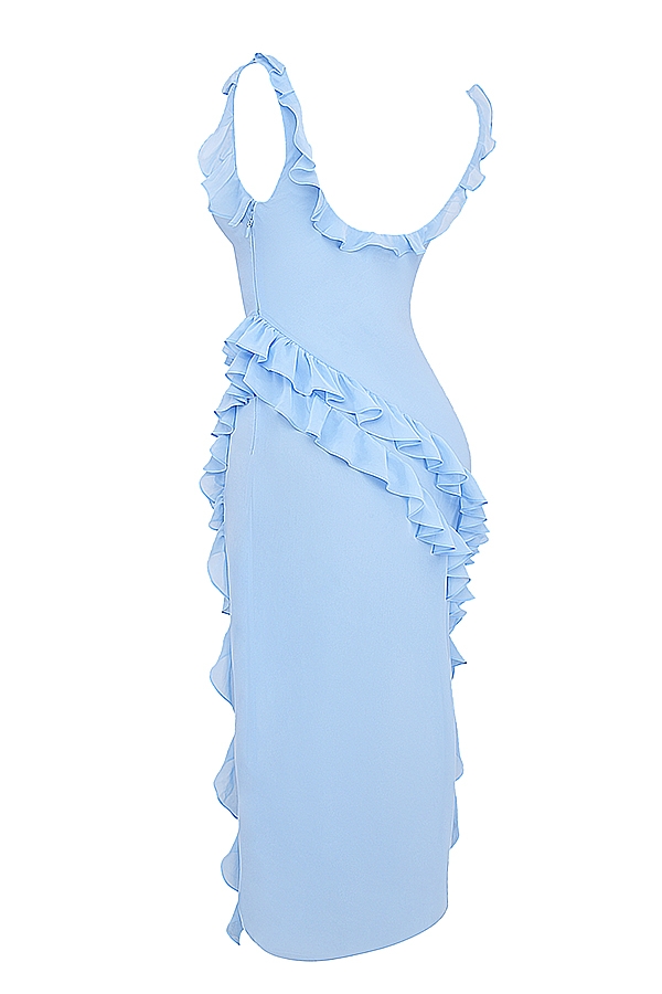 hellblaues rüschen-maxikleid