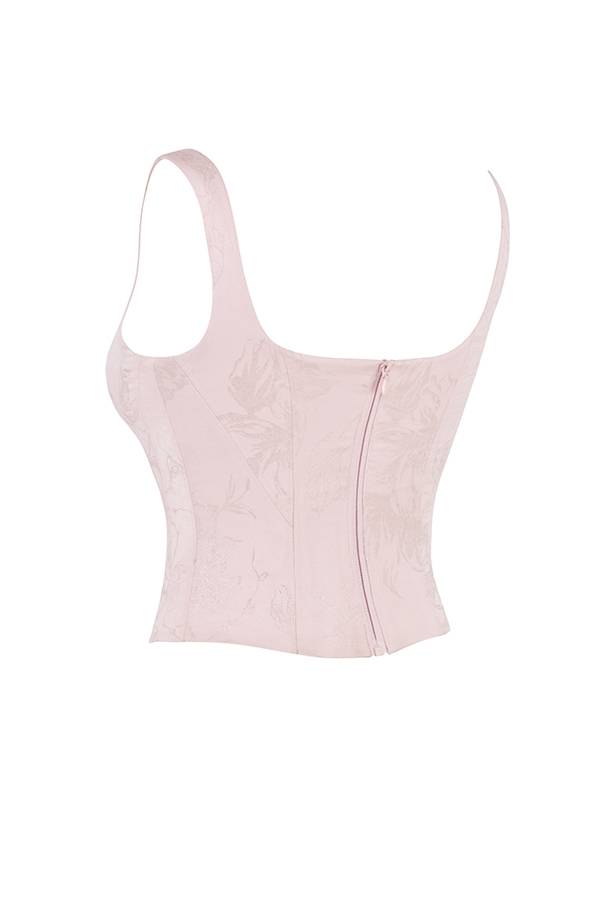 langes korsett aus rosa satin mit blumenmuster