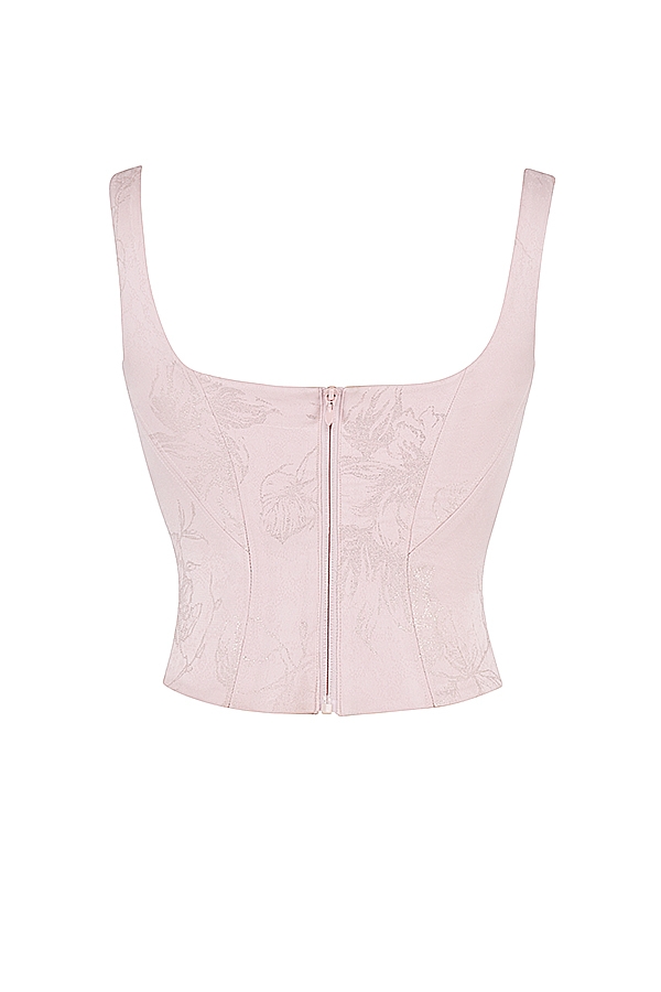 langes korsett aus rosa satin mit blumenmuster