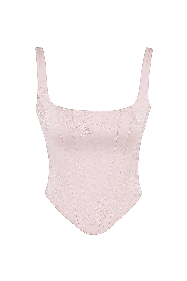 langes korsett aus rosa satin mit blumenmuster